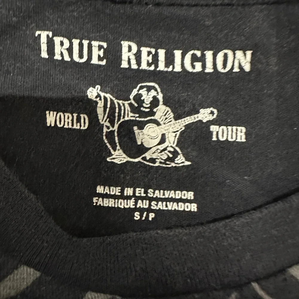 True Religion T-Shirt Mens Size S Black All Over Logo Print Horseshoe Crewneck